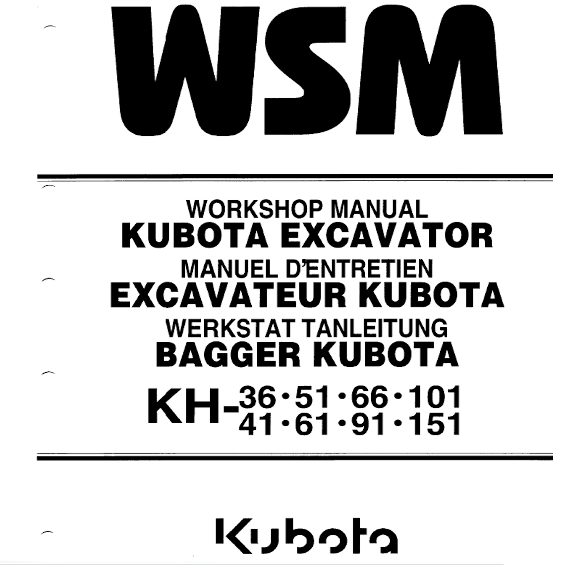 Kubota KH 36 41 51 61 66 91 101 151 Excavator Service Manual