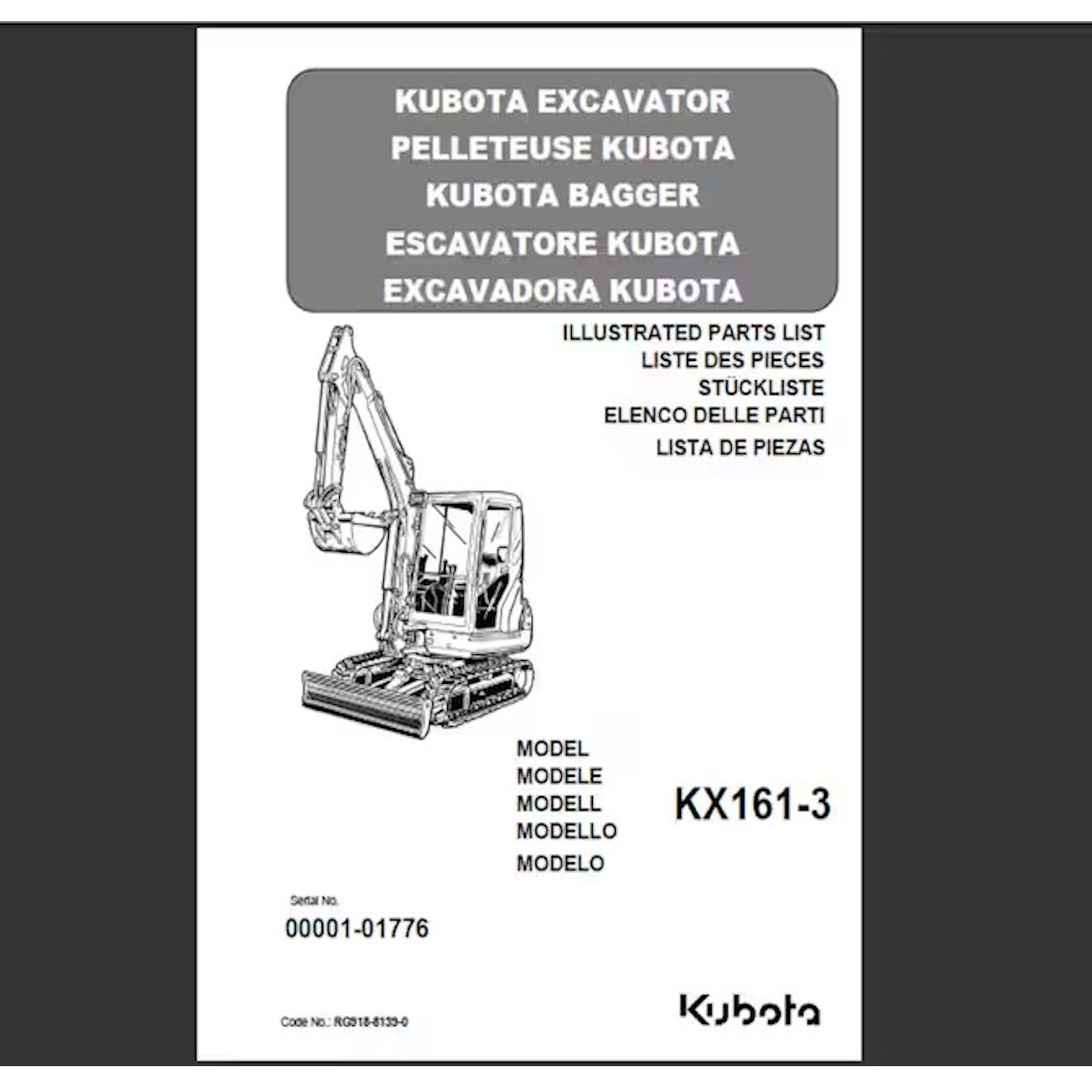 Spare parts list Excavator Kubota KX161-3