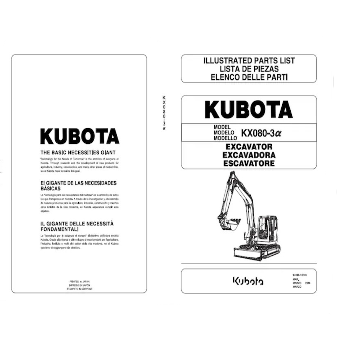 Kubota KX080-3α Alpha Kx080-3a Spare parts list