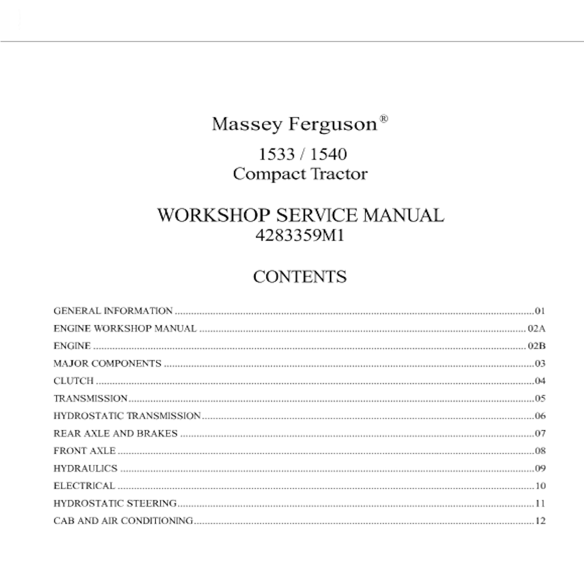 Compact Tractor Massey Ferguson 1533 / 1540 Workshop Manual