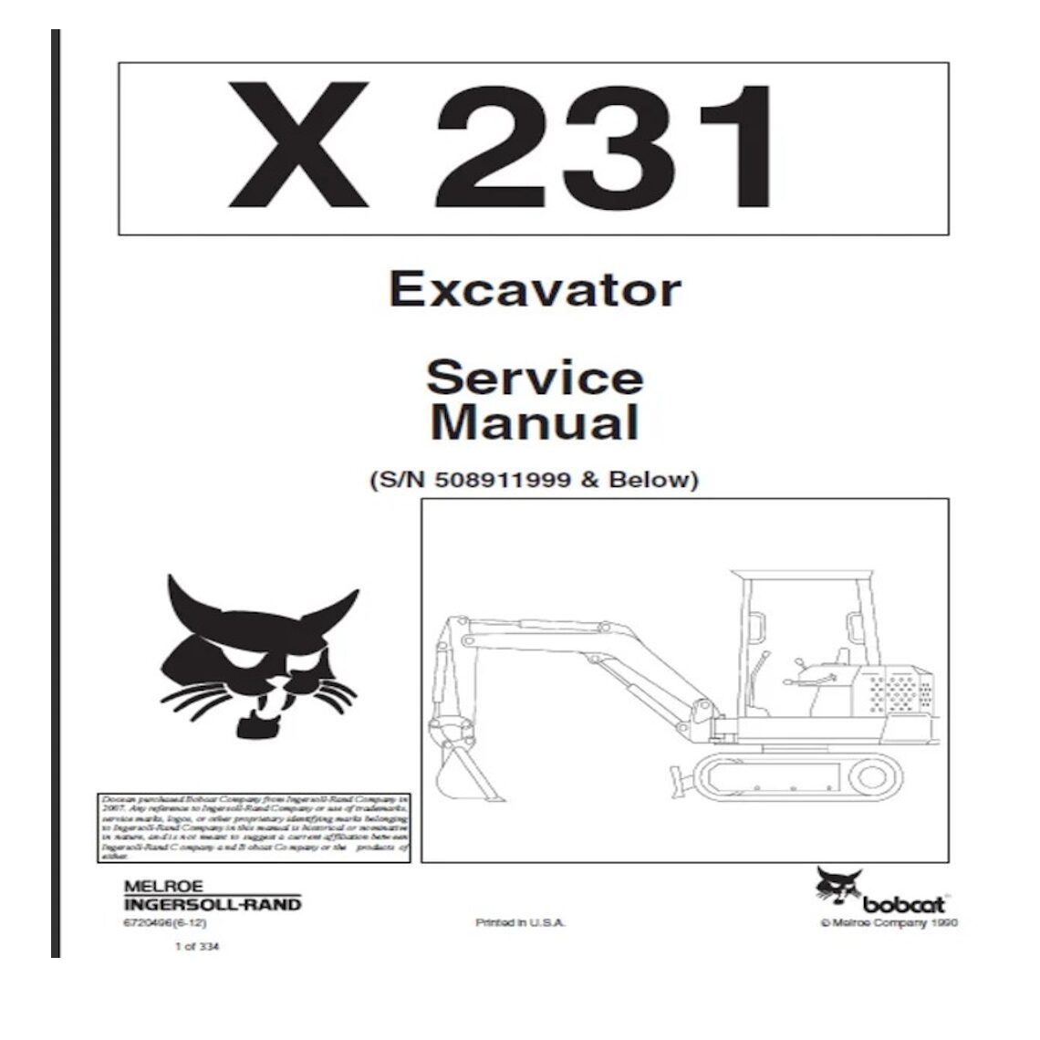 Bobcat X231 Mini Excavator Workshop Manual